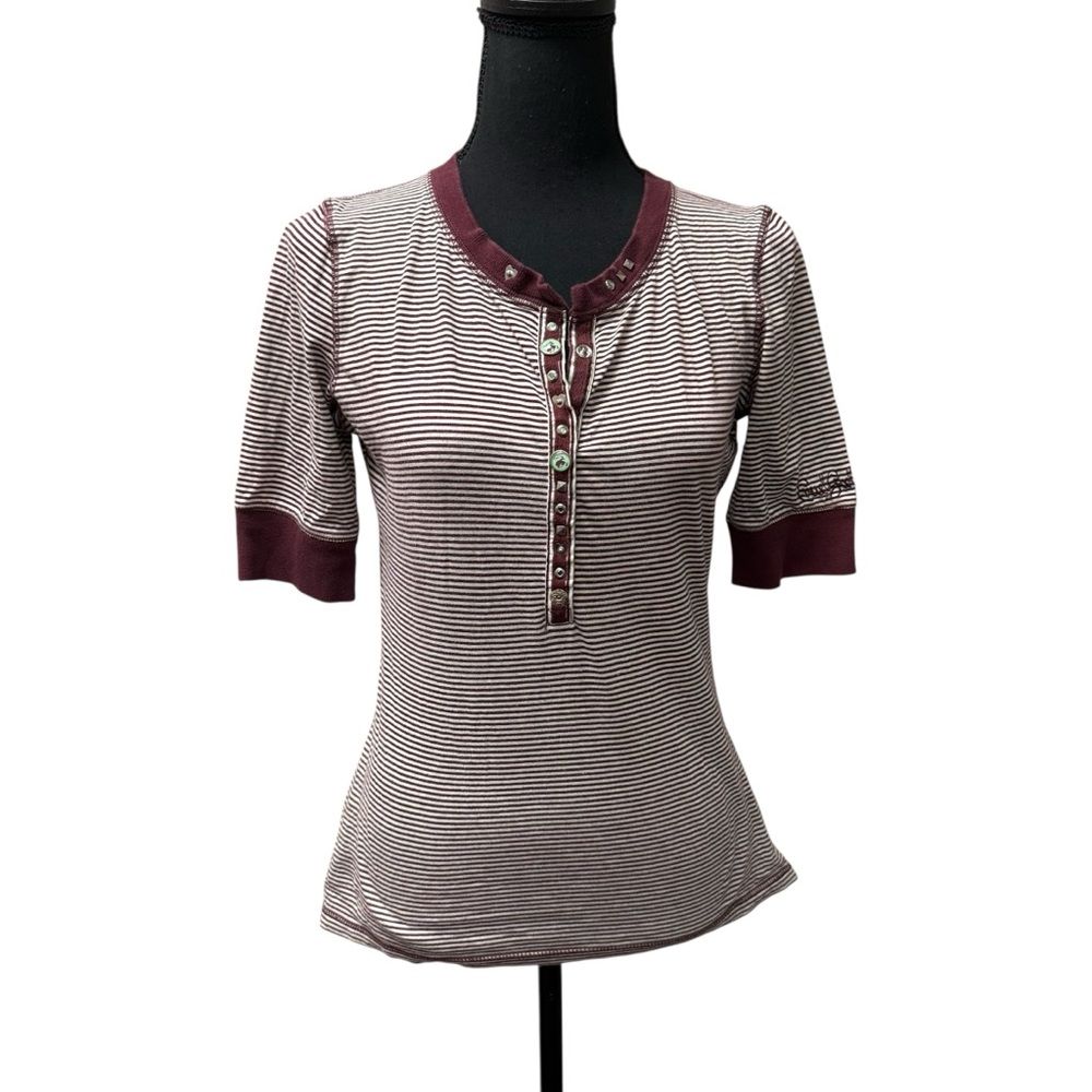 Cruel Girl Striped Henley Studded Western Top Medium Burgundy Cream
